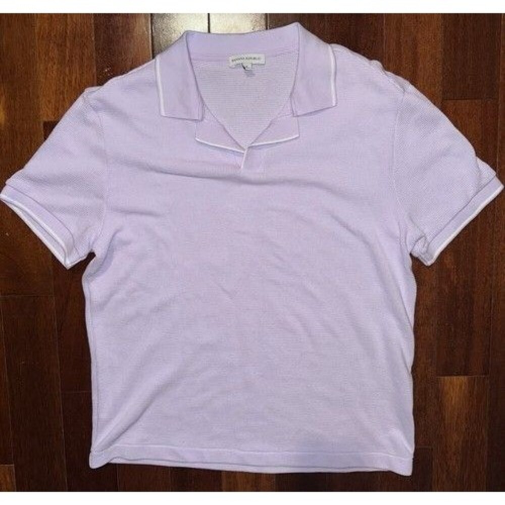 NEW Banana Republic Short Sleeve Polo Size L Lavender Knit Stripe Trim Pastel